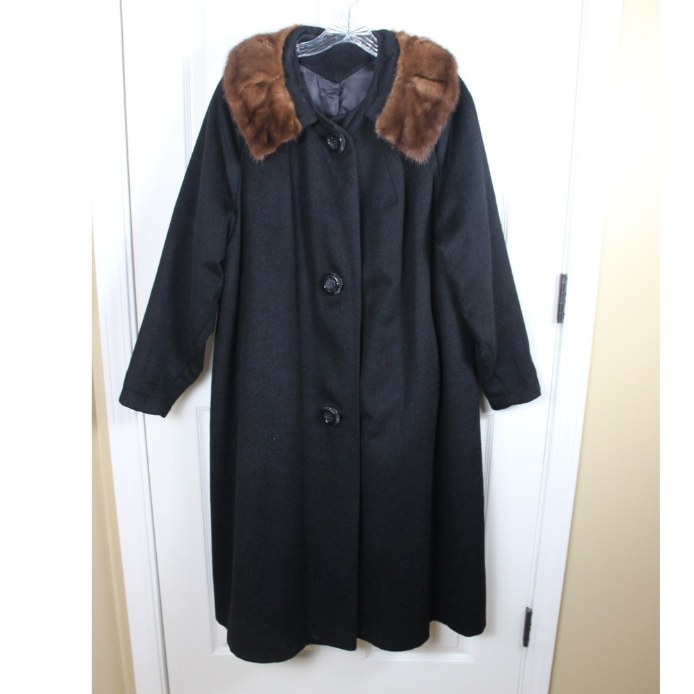 Carol Brent Vintage Black Wool Swing Coat‎ Fur Collar Union Made Womens Large
